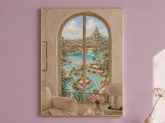 Water Park Window Wall Art, Resort Pool View Print - Digital Download