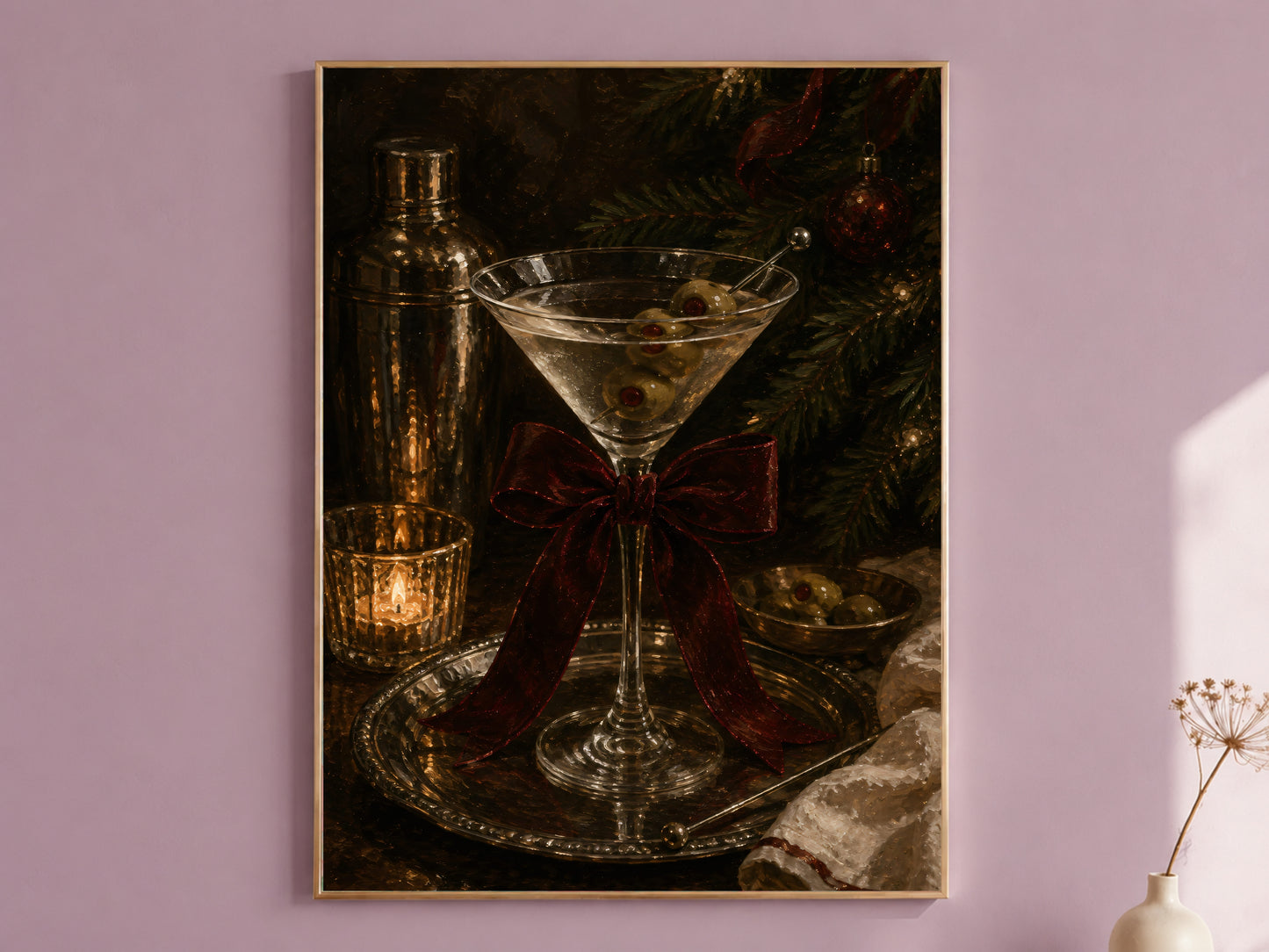 Christmas Martini Wall Art, Holiday Cocktail Oil Painting Print - Digital Downlaod