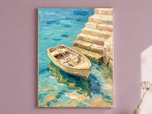 Rowboat Painting Print, Turquoise Sea Boat Art, Textured Coastal Wall Art, Mediterranean Decor, Printable Digital Download