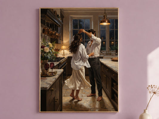 Couple Dancing Kitchen Painting, Romantic Rainy Night Wall Art - Digital Download