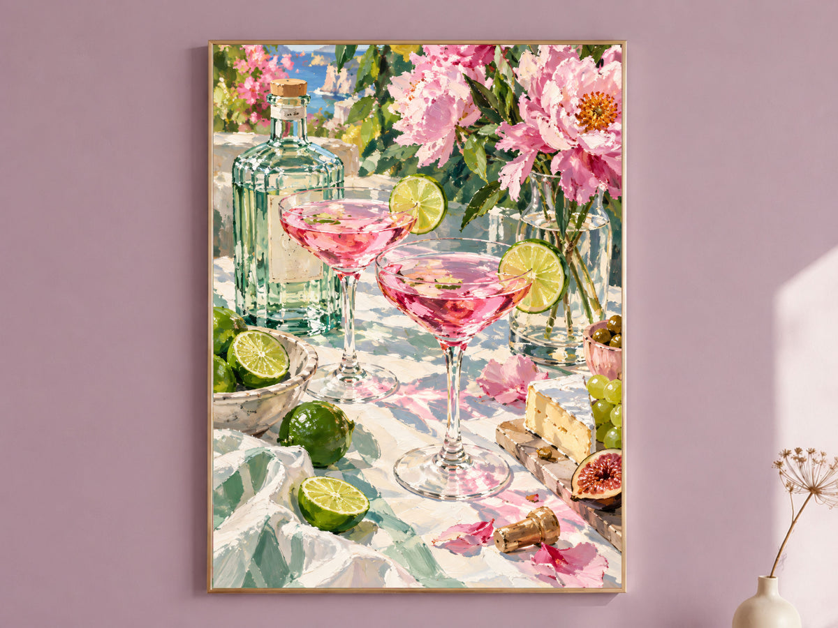 Pink Cocktail Wall Art, Impasto Oil Painting Print - Digital Download