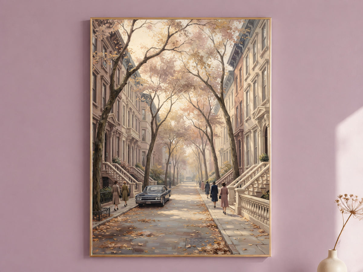 Autumn Brownstone Street Painting Print, Vintage Fall City Art, Pastel Tree Lined Street Wall Art, Digital Download
