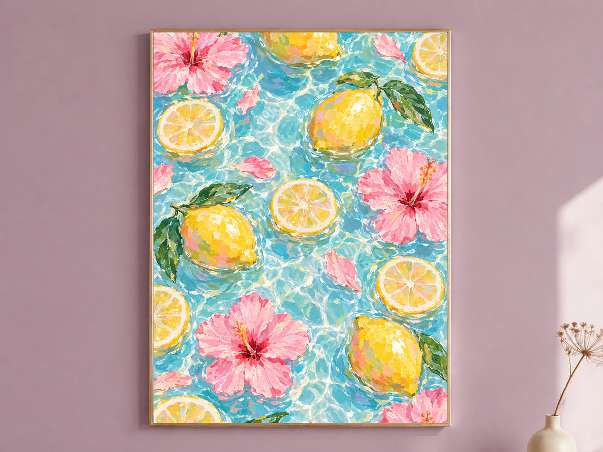 Lemon Hibiscus Pool Art Print, Amalfi Summer Wall Art - Digital Download