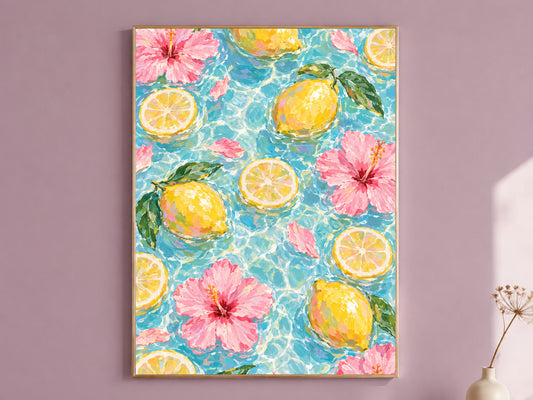 Lemon Hibiscus Pool Art Print, Amalfi Summer Wall Art - Digital Download
