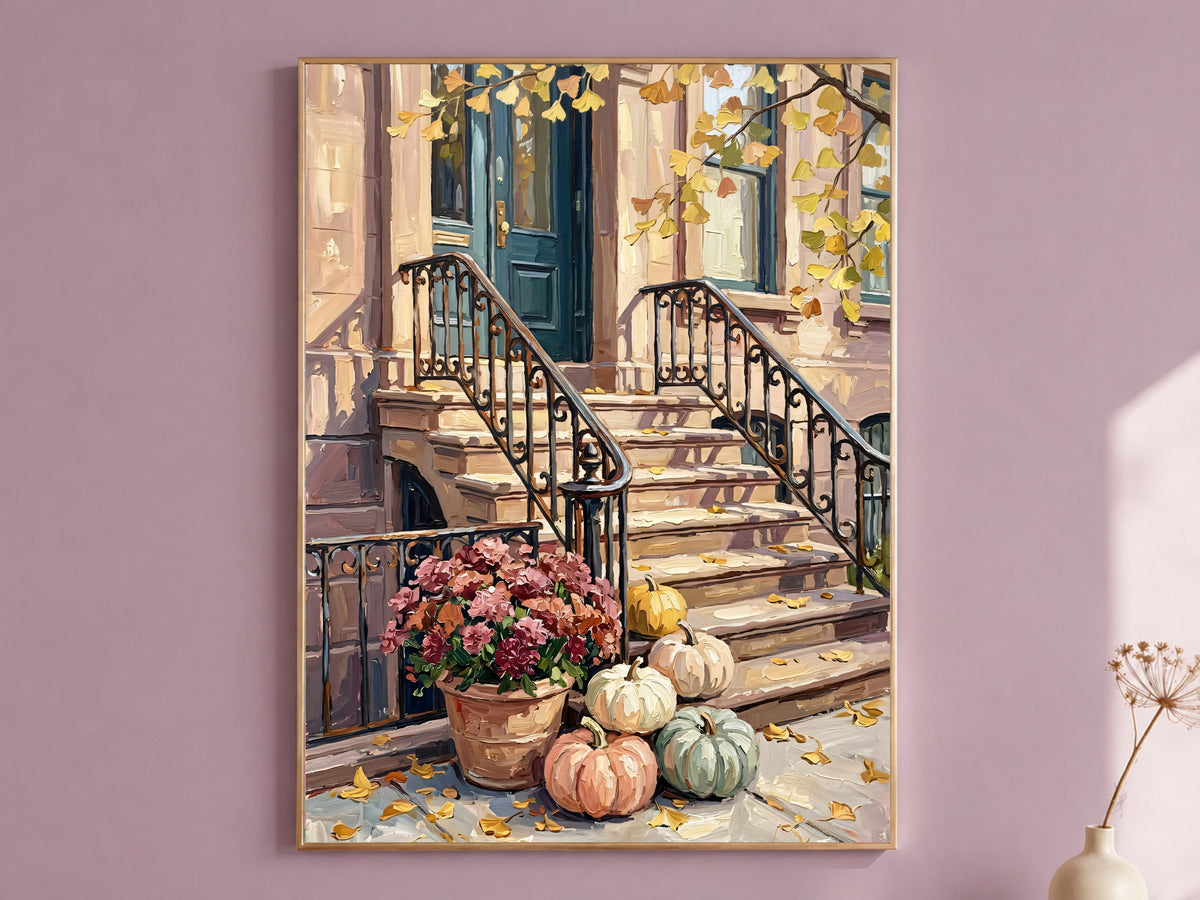 Fall Brownstone Stoop Painting Print, Autumn Pumpkins City Art, Pastel Fall Wall Decor, Printable Digital Download