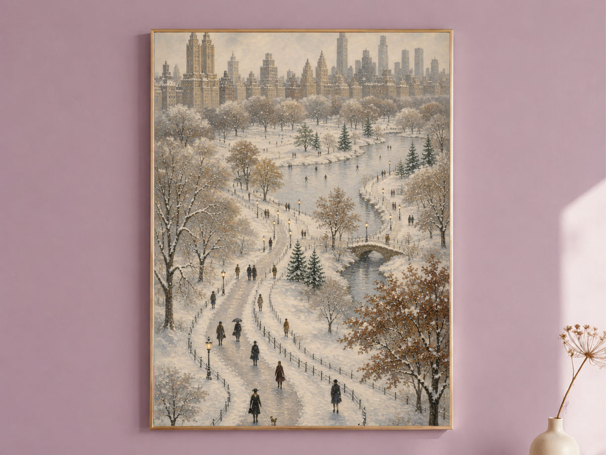 Central Park winter aerial NYC oil painting print in thin gold frame on mauve pink wall, gallery wall art mockup