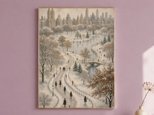 Central Park winter aerial NYC oil painting print in thin gold frame on mauve pink wall, gallery wall art mockup