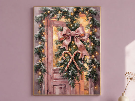 Pink Christmas Door Print, Velvet Bow Wall Art - Digital Download