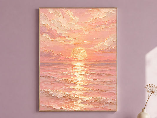 Pink Ocean Sunset Painting Print, Pastel Seascape Wall Art, Textured Coastal Art, Printable Digital Download