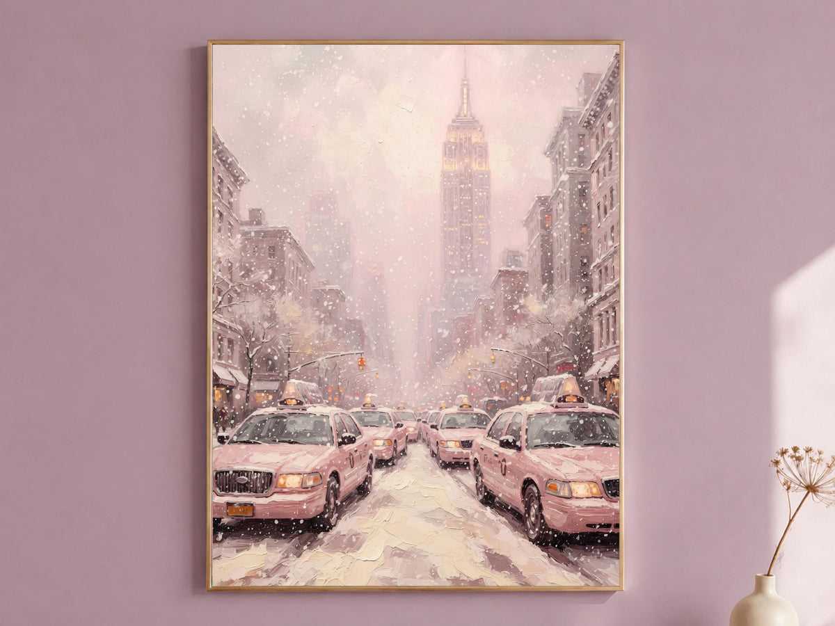 Pink Empire State Building Print, Monochrome NYC Taxi Wall Art - Digital Download