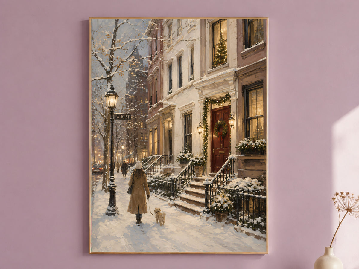 West Village Christmas NYC oil painting print in thin gold frame on mauve pink wall, gallery wall art mockup