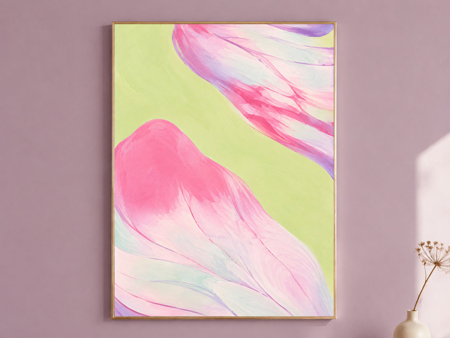 Pink and purple abstract art in gold frame on mauve wall, lavender macro petal print