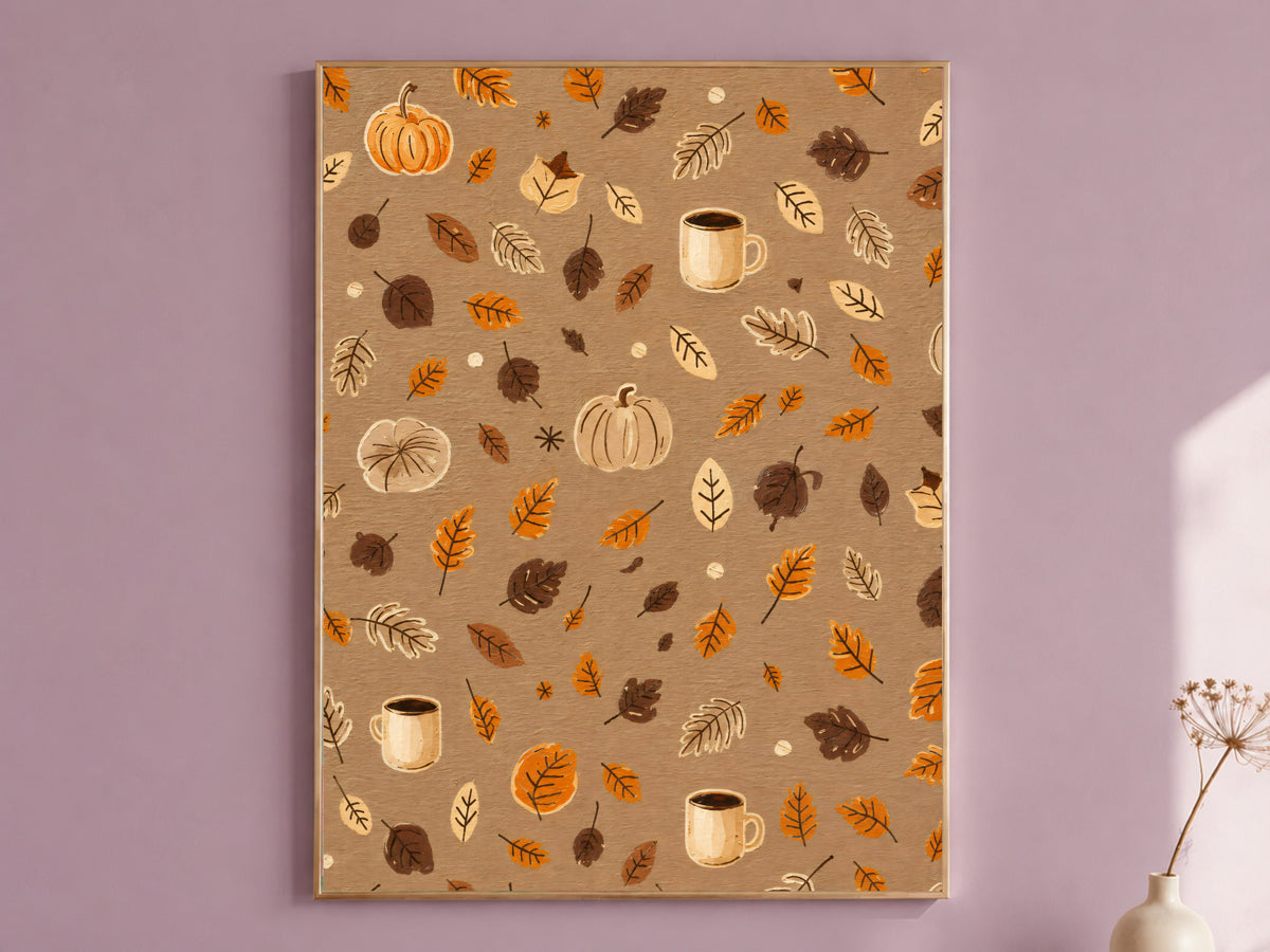 Cozy autumn pattern wall art with pumpkins, leaves, and coffee mugs in a mauve living room