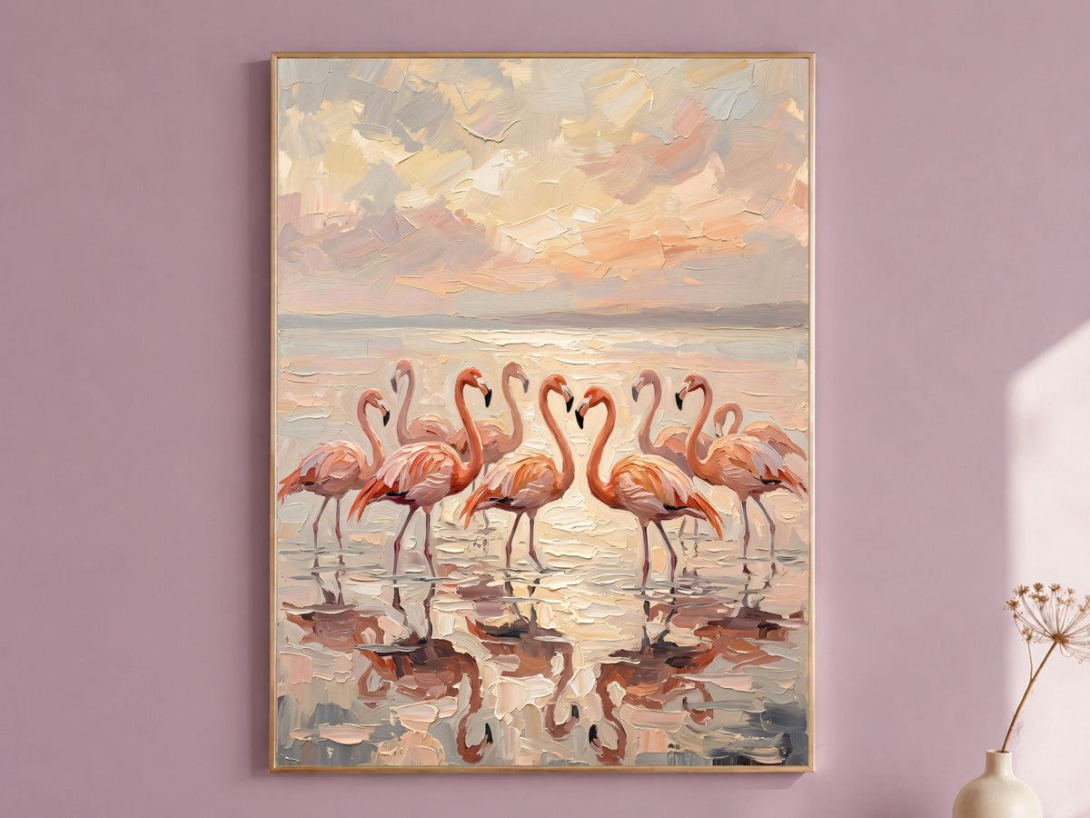 Flamingo Wall Art, Impasto Oil Painting Print - Digital Download