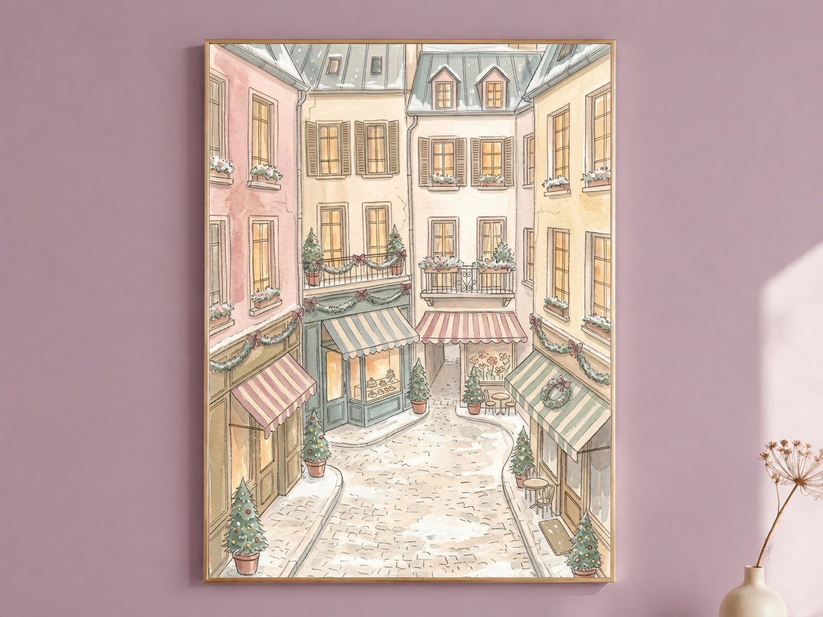 Christmas Street Watercolor Print, Snowy Cobblestone Village, Pastel Holiday Wall Art, Printable Digital Download