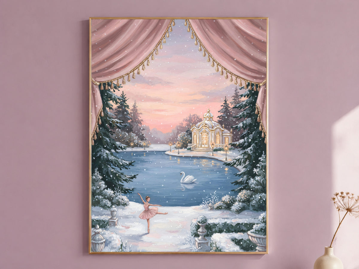 Swan Lake Ballerina Wall Art, Winter Nutcracker Oil Painting Print - Digital Download