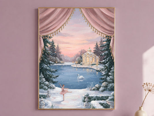 Swan Lake Ballerina Wall Art, Winter Nutcracker Oil Painting Print - Digital Download