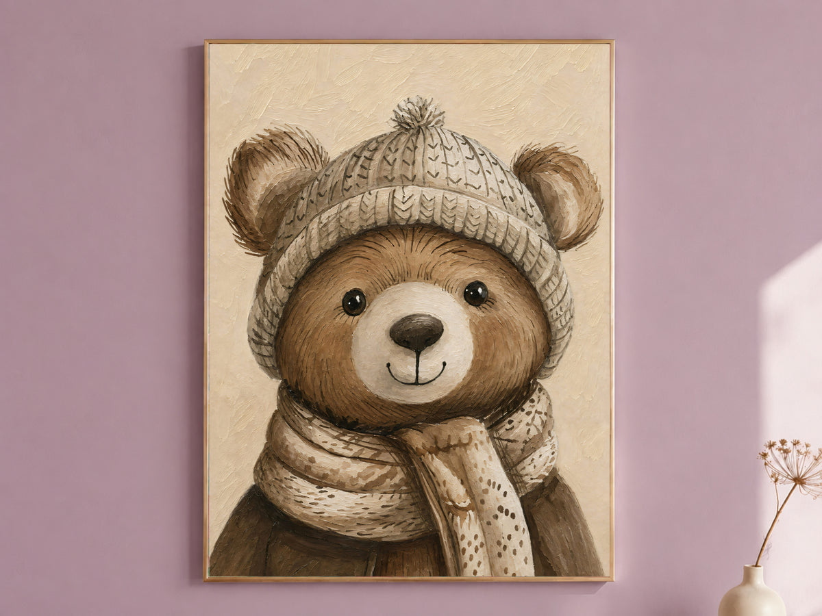 Winter teddy bear nursery wall art with cozy knit hat in a mauve room