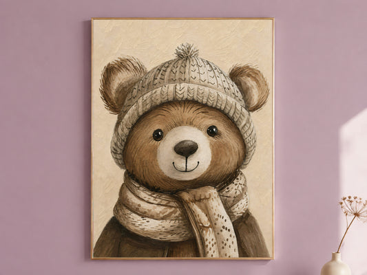 Winter teddy bear nursery wall art with cozy knit hat in a mauve room