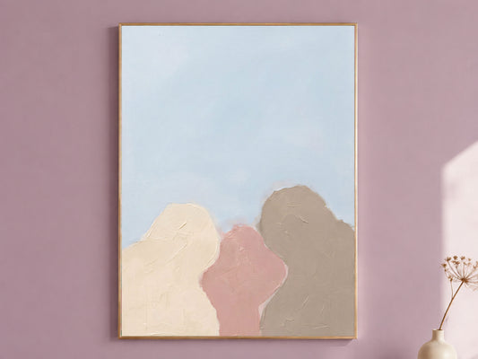 Minimalist Abstract Tree Painting, Pastel Organic Shapes Wall Art, Dusty Pink Taupe Print, Sky Blue Scandi Decor, Impasto, Instant Download