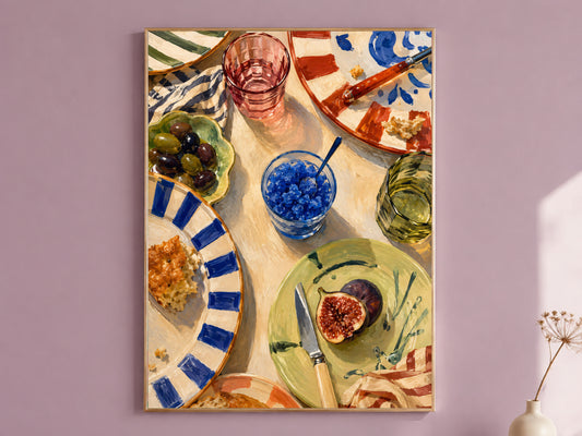 Italian kitchen wall art print in gold frame on mauve pink wall