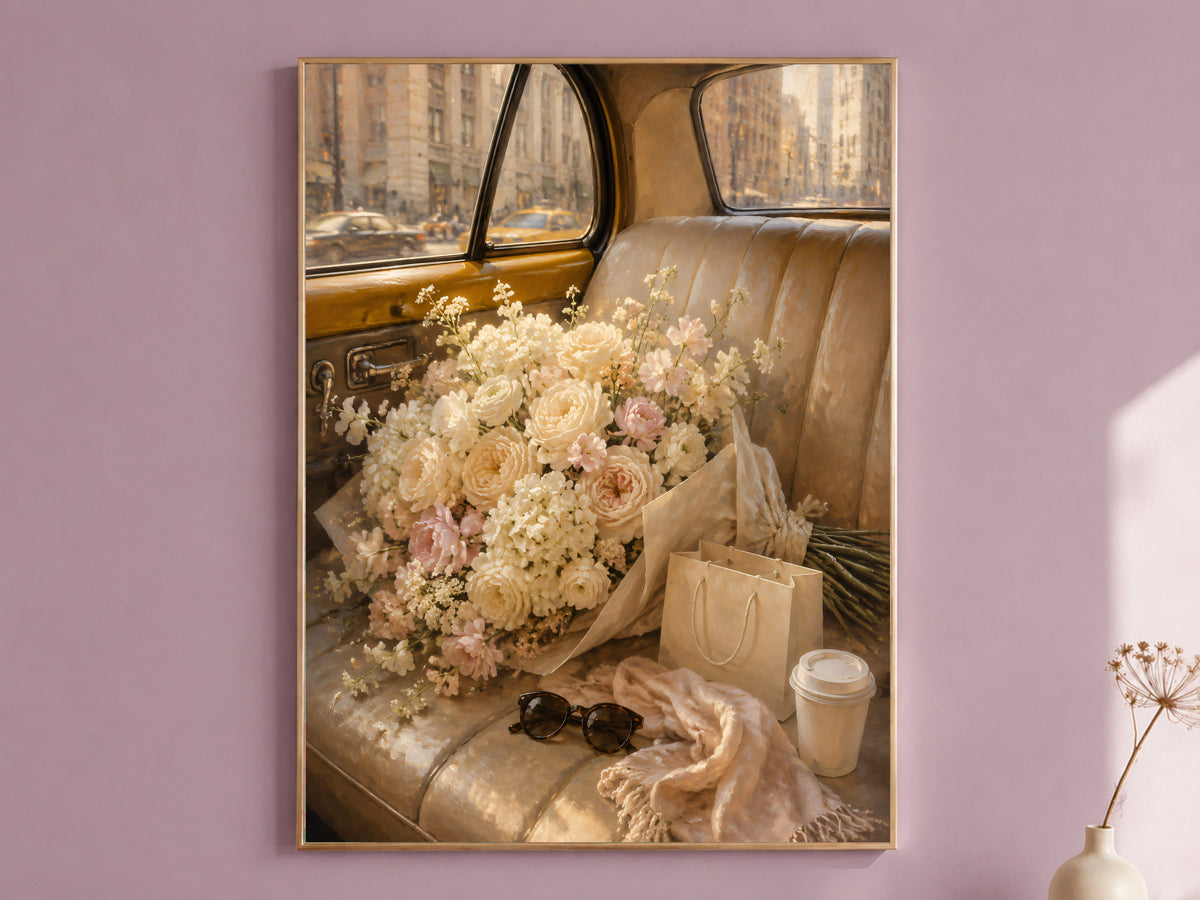 Flower Bouquet Wall Art, Old Money Aesthetic Print, Vintage Taxi Painting - Digital Download