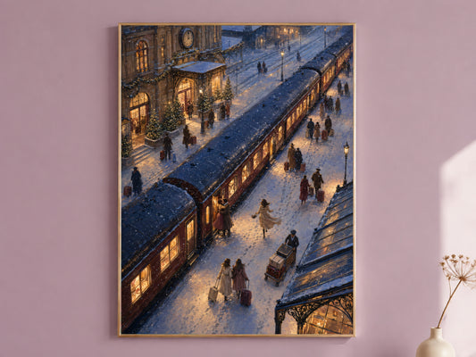 Framed vintage train station painting on mauve wall, snowy platform with travelers