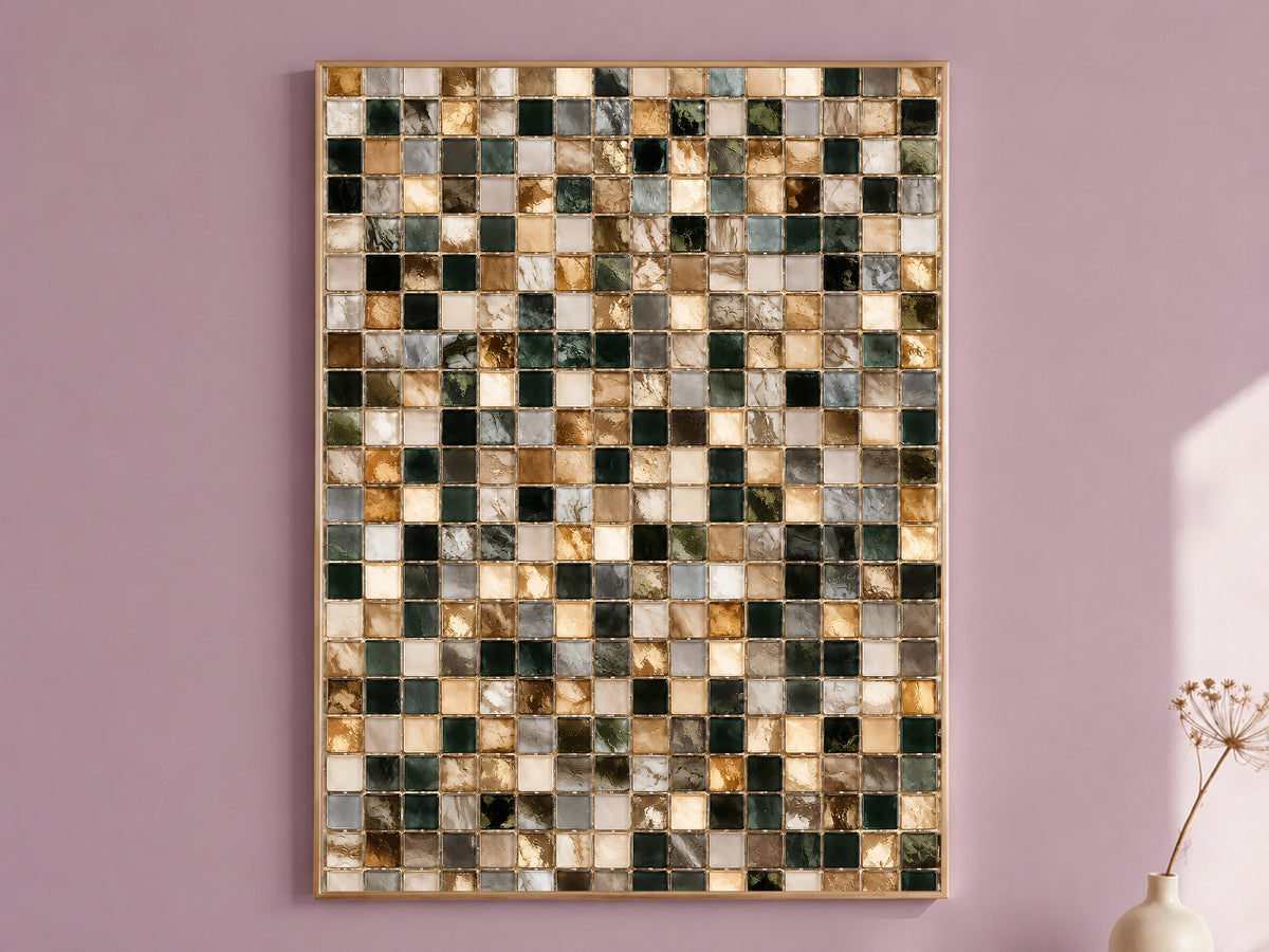 Dark Green and Gold Mosaic Tile Wall Art Print, Abstract Glass Tile Grid Painting, Printable Earthy Neutral Decor, Digital Download
