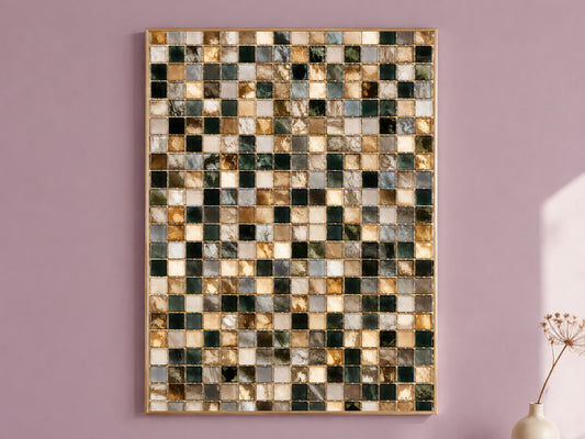 Dark Green and Gold Mosaic Tile Wall Art Print, Abstract Glass Tile Grid Painting, Printable Earthy Neutral Decor, Digital Download