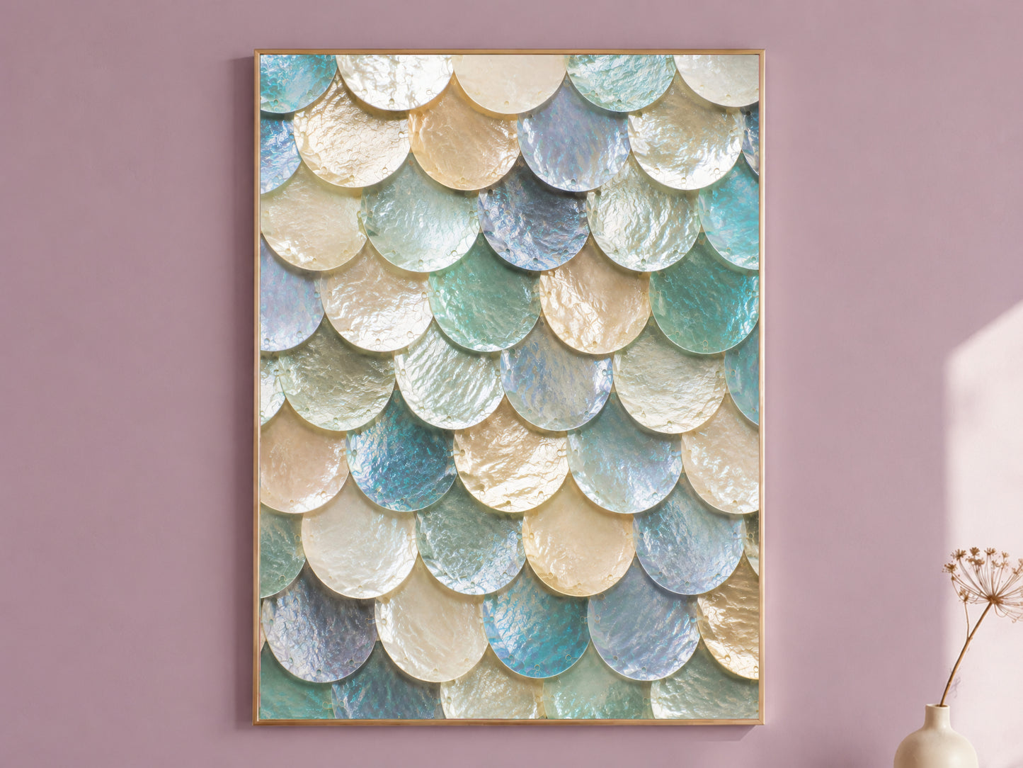 Framed moonstone mermaid scale wall art in icy blue and frosted silver, styled on a dusty mauve wall