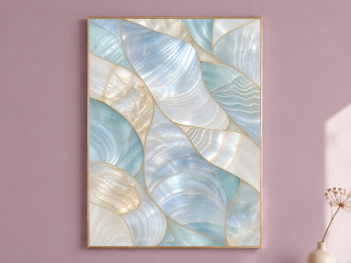Aqua Mother of Pearl Wall Art, Seafoam Iridescent Shell Print, Coastal Bathroom Decor, Patina Blue Poster, Beach House, Instant Download
