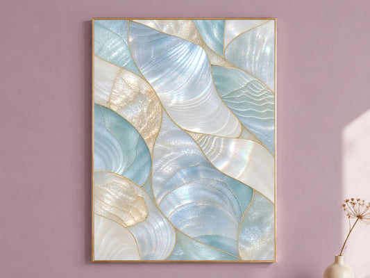Aqua Mother of Pearl Wall Art, Seafoam Iridescent Shell Print, Coastal Bathroom Decor, Patina Blue Poster, Beach House, Instant Download