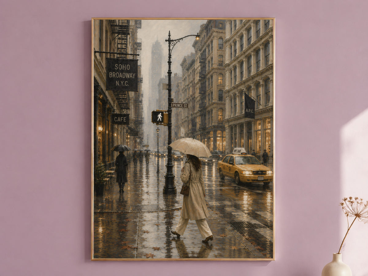 SoHo NYC rainy street oil painting print in thin gold frame on mauve pink wall, gallery wall art mockup