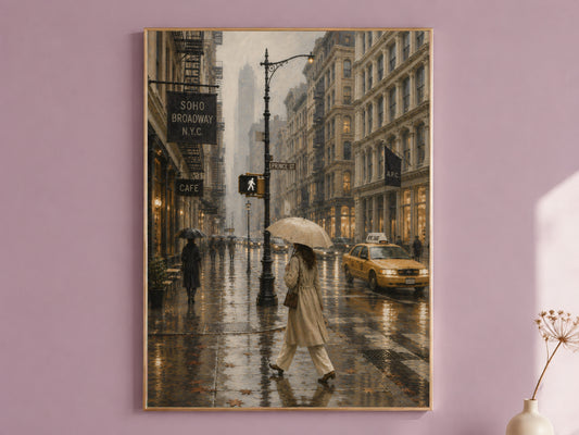 SoHo NYC rainy street oil painting print in thin gold frame on mauve pink wall, gallery wall art mockup