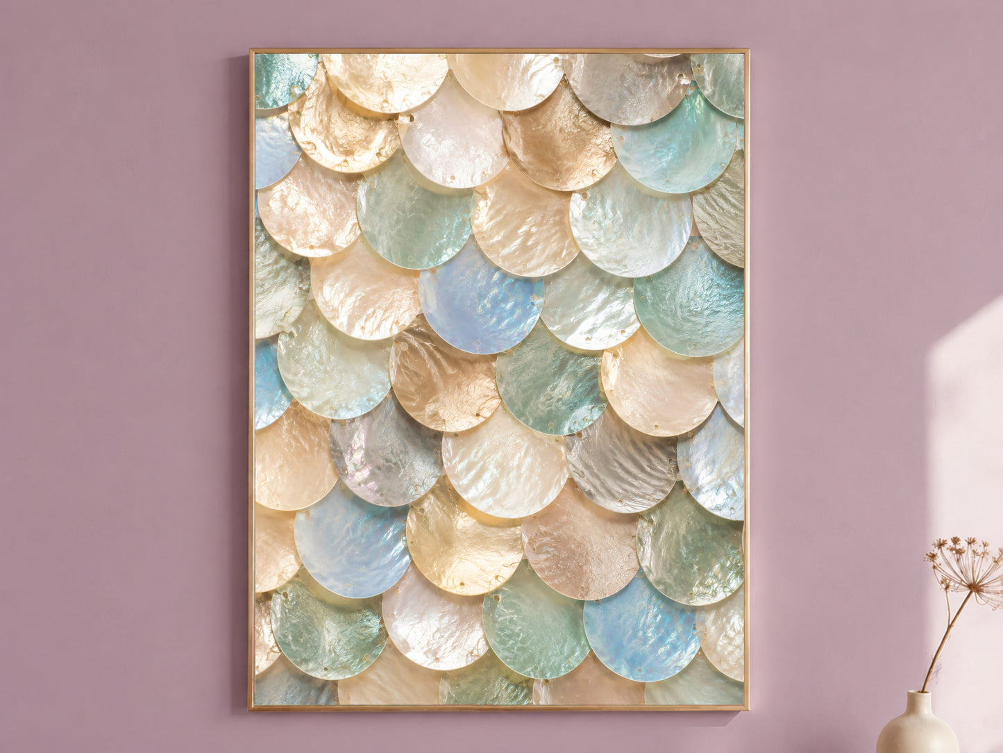 Framed iridescent mother of pearl wall art print with pastel scallop pattern, styled on a dusty mauve wall