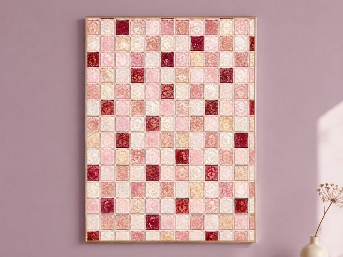 Dusty rose mosaic wall art print in a thin gold frame hanging on a mauve wall, styled with a small vase of dried flowers