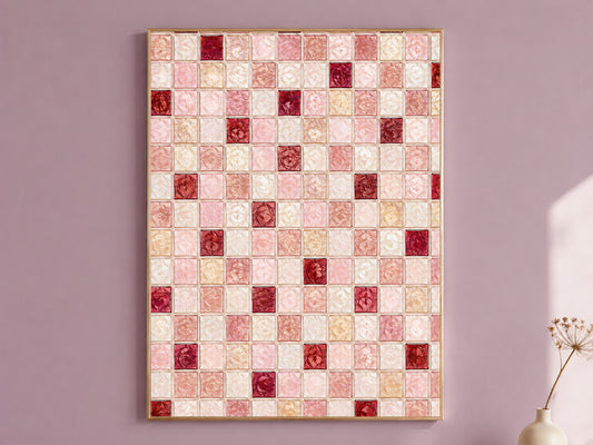 Dusty rose mosaic wall art print in a thin gold frame hanging on a mauve wall, styled with a small vase of dried flowers
