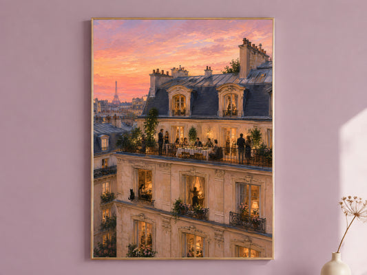 Framed Parisian rooftop painting on mauve wall, golden sunset over rooftops