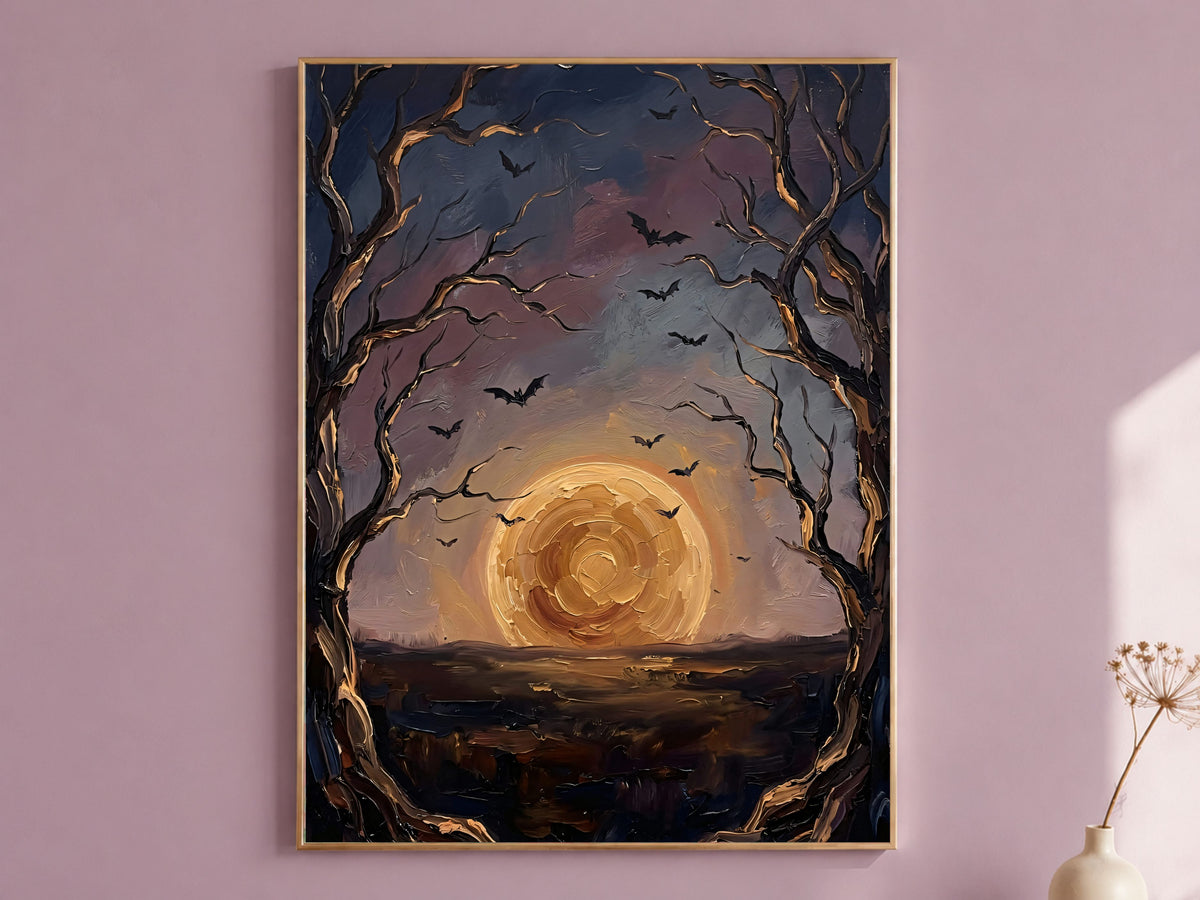 Moon and Bats Wall Art, Impasto Oil Painting Print - Digital Download