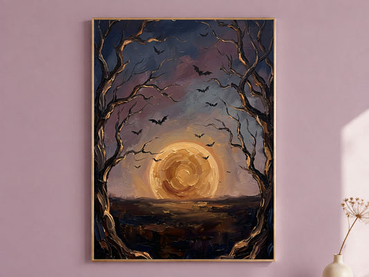 Moon and Bats Wall Art, Impasto Oil Painting Print - Digital Download