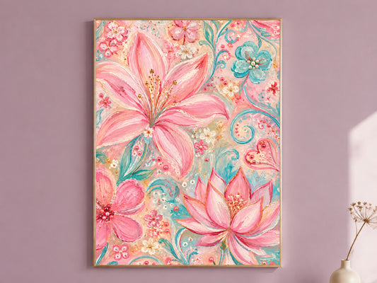Pink Floral Wall Art, Pastel Lily and Lotus Painting, Pink and Teal Impasto Style Flower Print, Printable Digital Download