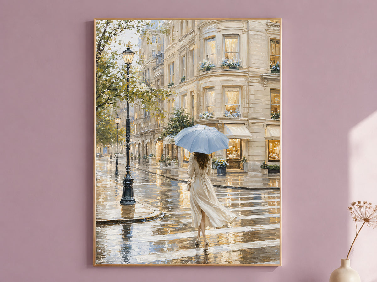 Woman With Umbrella Print, Rainy European Street Painting - Digital Download