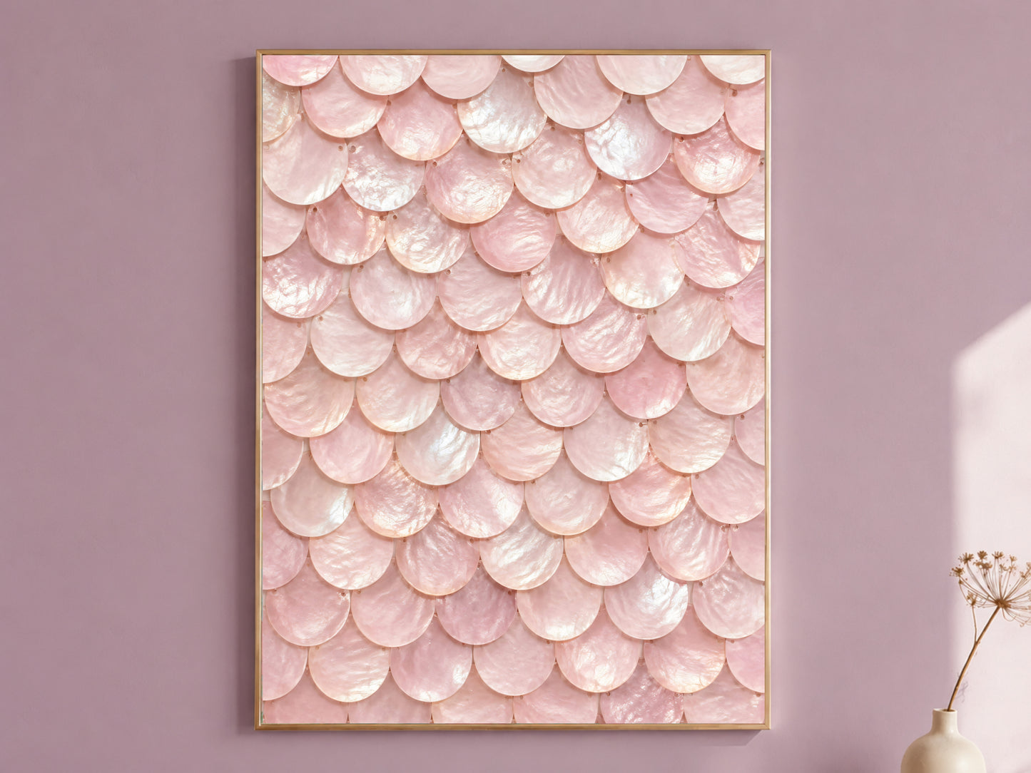 Framed blush pink mermaid scale wall art with iridescent shell texture, styled on a dusty mauve wall