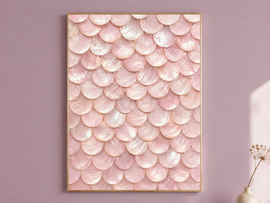 Framed blush pink mermaid scale wall art with iridescent shell texture, styled on a dusty mauve wall