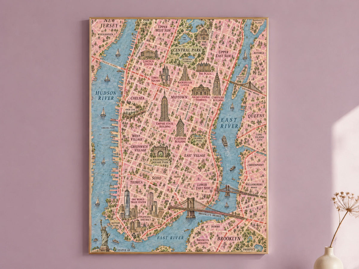 New York City Map Wall Art, Illustrated Manhattan Map Print - Digital Download