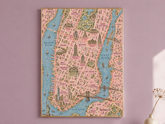 New York City Map Wall Art, Illustrated Manhattan Map Print - Digital Download