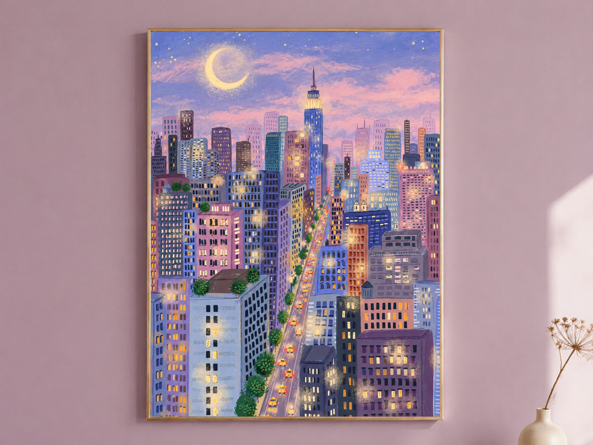 New York City at Night Print, Purple and Pink NYC Skyline Illustration with Moon and Yellow Taxis, Whimsical City Decor, Digital Download