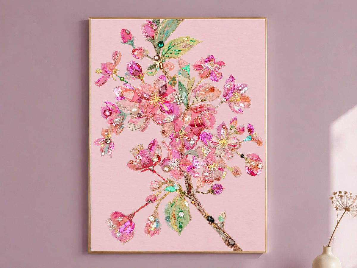 Pink Cherry Blossom Wall Art Print, Embroidery Style Floral Collage with Pearls and Sequins, Printable Coquette Decor, Digital Download