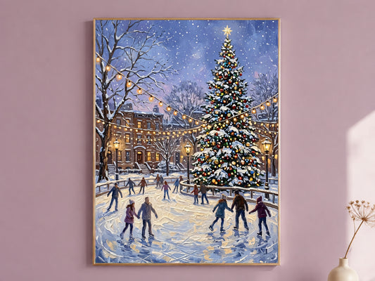 Christmas Ice Skating Print, NYC Christmas Wall Art - Digital Download