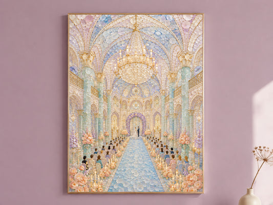 Pastel Wedding Chapel Wall Art, Whimsical Mosaic Cathedral Print - Digital Download